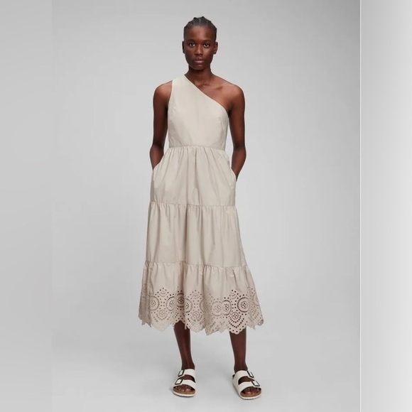 GAP 100% Cotton Beige One-Shoulder Midi Dress Size 4 - Picture 5 of 12